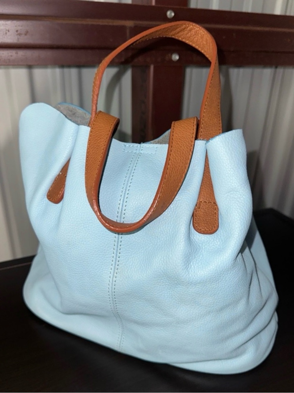Everyday Light Blue Tote with Tan Handles - Women's Shoulder Bag - Picture 2 of 8